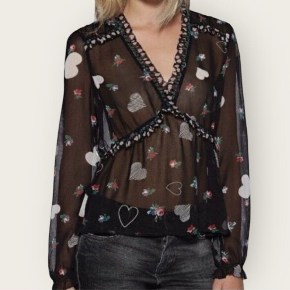 NWOT | Avec Les Filles | Sheer Heart Print Blouse | Black Multi | Medium